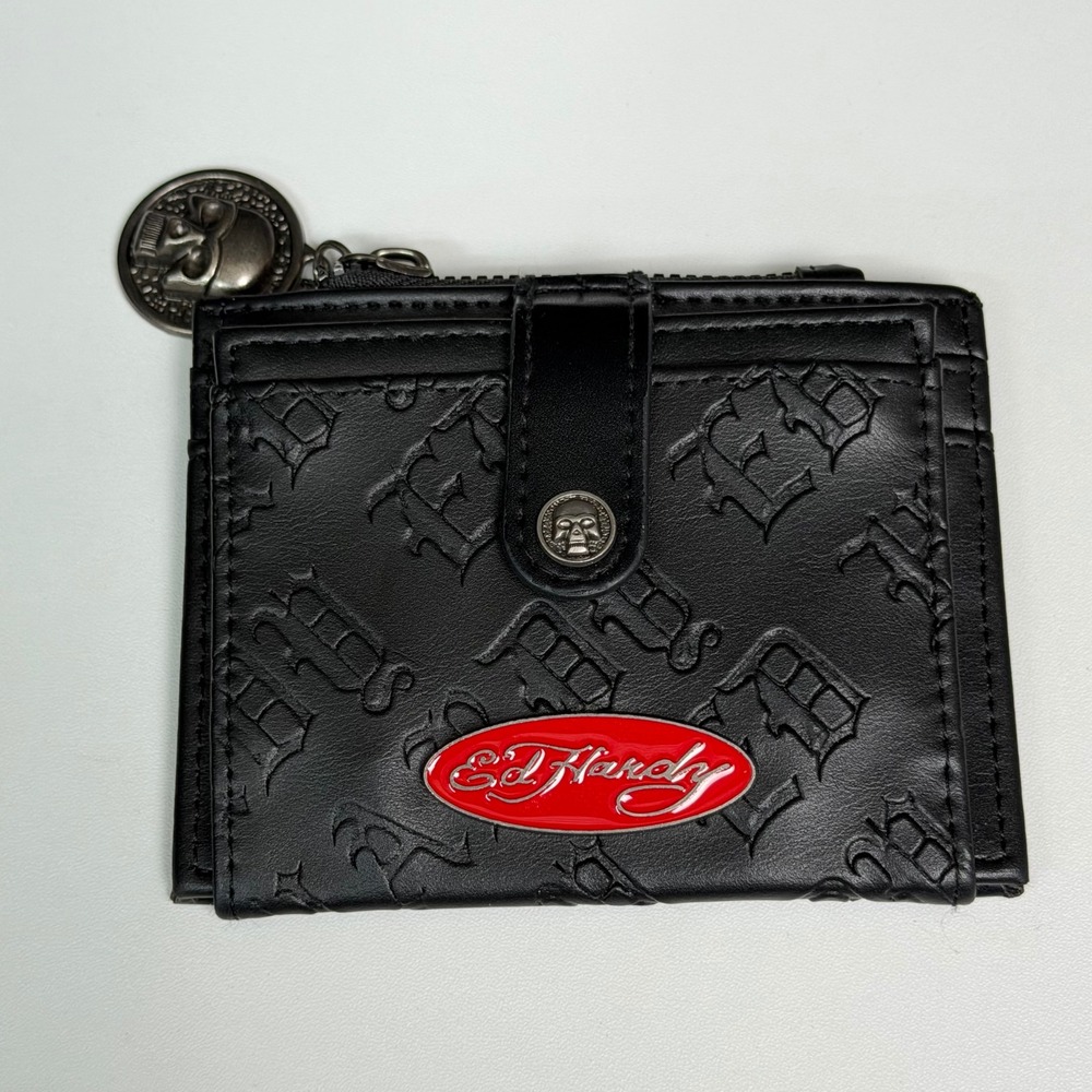Ed Hardy Black Embossed Monogram Bifold Wallet Skull Zipper Pull ID Window Y2K